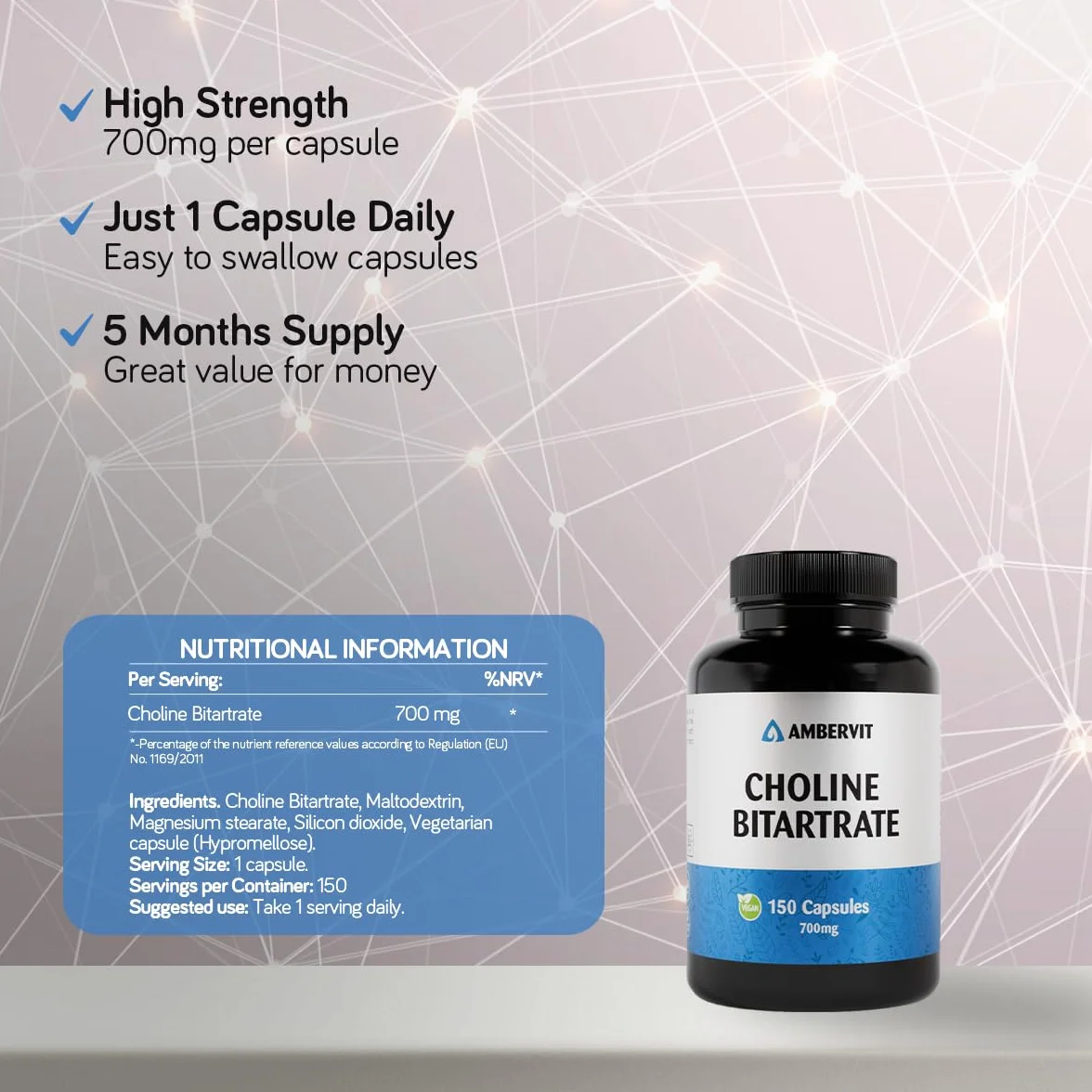 Colina alta dosis 700 mg - 150 cápsulas - para 5 meses de stock | Función hepática, metabolismo de los lípidos, memoria y función cerebral | Vegano, sin gluten | Ambervit