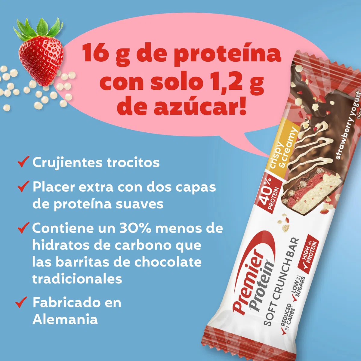 Premier Protein Soft Crunch Bar 40% Protein Strawberry Yogurt 12x40g - Hoher Proteingehalt + Low Sugar + Palmölfrei