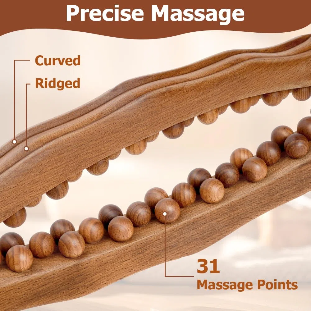 Anti Celulitis Masajeador Rodillo Anticelulítico, 31Cuentas Rodillo Masaje Muscular, Masaje Maderoterapia Madera, Rodillo Masajeador Curvado para Todo Cuerpo para del Dolor Muscular y Relajación
