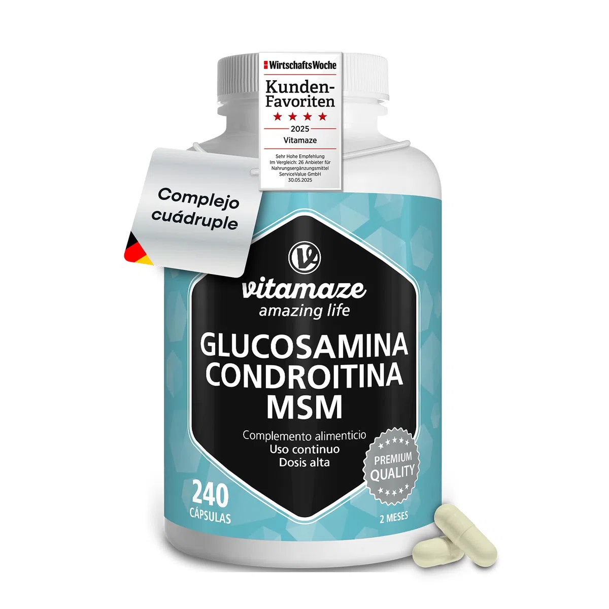 Glucosamina Condritina y MSM 1000 mg, 240 Cápsulas, Fortalece Articulaciones y Huesos. Complejo Enriquecido con Vitamina C, Fabricado en Alemania, Vitamaze®