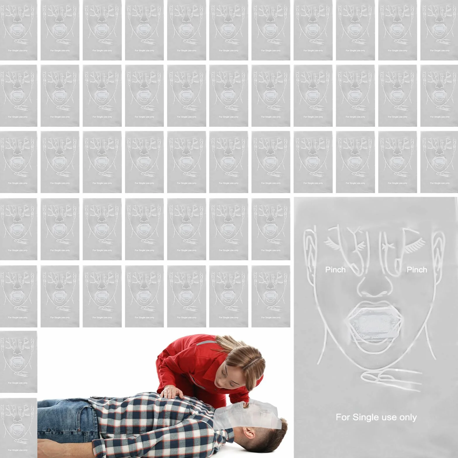50 unidades de protección facial: RCP, máscara respiratoria para protección personal, protección facial para primeros auxilios y emergencias, bolsa de plástico de PVC, barrera de reanimación,