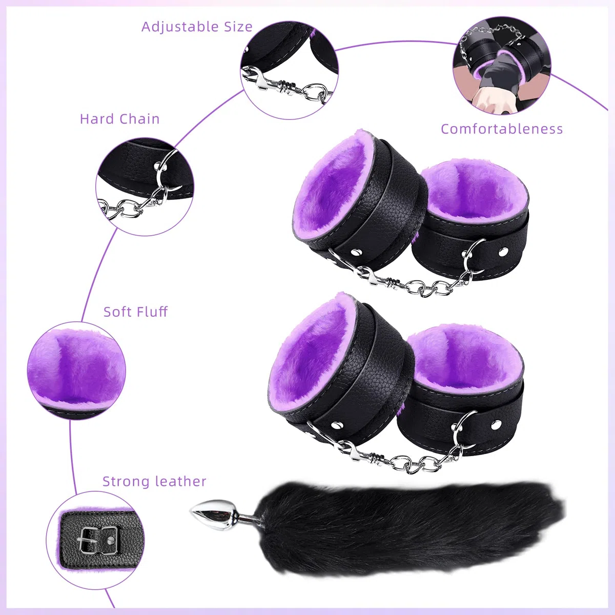 Qoosea Sexo Bondage Restricciones Kits SM 15PCS Set Bondage Ajustable Juegos para adultos en pareja Set de Restricción con Foxtail Plug Anal Esposas para Principiantes Experimentados(púrpura negruzco)
