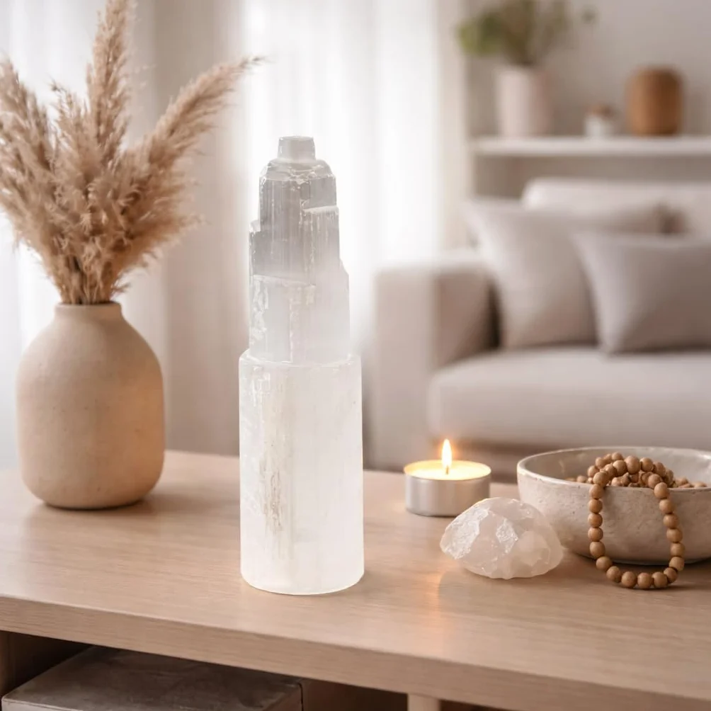 NKlaus Torre de cristal de selenita natural, 15 cm, para meditación, piedra preciosa, decoración 15312