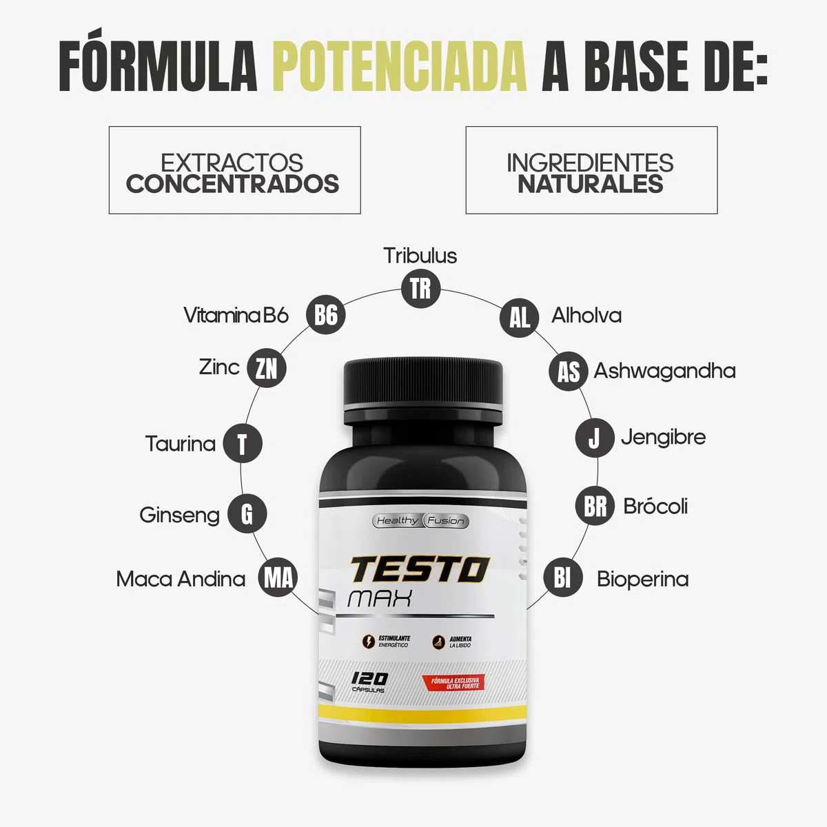 Testosterona hombre | Energía, Fuerza, Musculación y Vigor | Maca Andina, Ginseng, Tribulus y Taurina | Estimulante Energético | Mejora el rendimiento deportivo y muscular | Vigorizante | 120 cápsulas