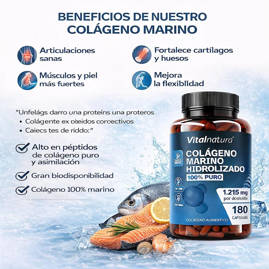 Colágeno Marino Hidrolizado 100% Puro 180 Cápsulas – Fórmula Premium para Articulaciones, Cartílagos, Recuperación Muscular y Huesos – Alta Absorción – Apoya Piel, Cabello y Uñas – Vitalnatura