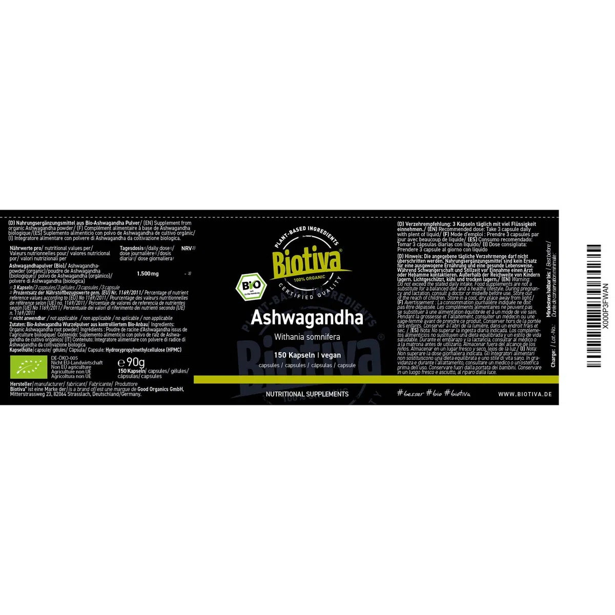Biotiva Cápsulas de Ashwagandha Orgánica 150 piezas - 500 mg por Cápsula - Withania somnifera - Ayurveda de la India - sin aditivos