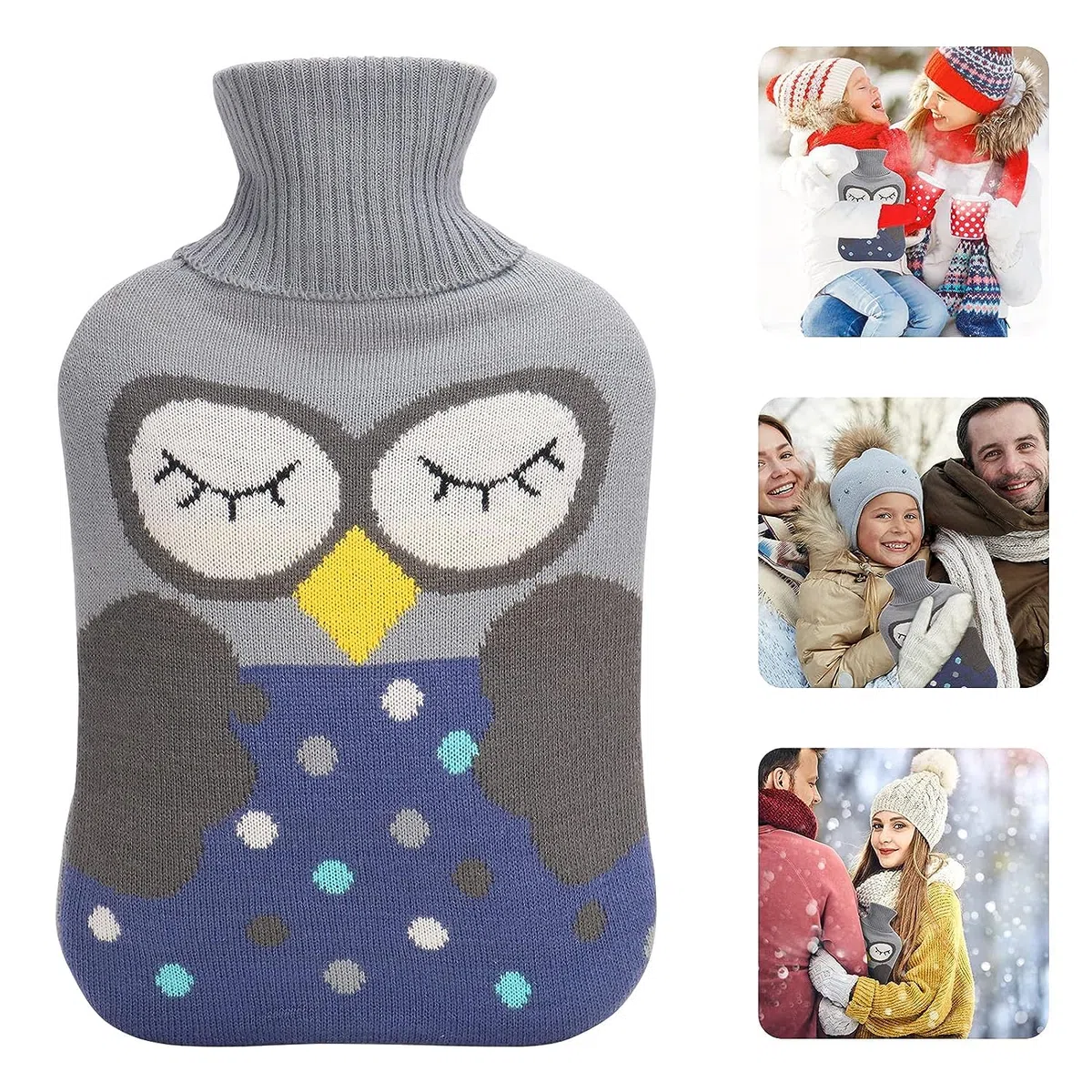 2 Piezas Bolsa de Agua Caliente, 1L Botella de Agua Caliente con Funda de Punto Extraíble Goma Agua Caliente Bolsa Bolsa de agua caliente extraíble y lavable para Noches Frías de Invierno