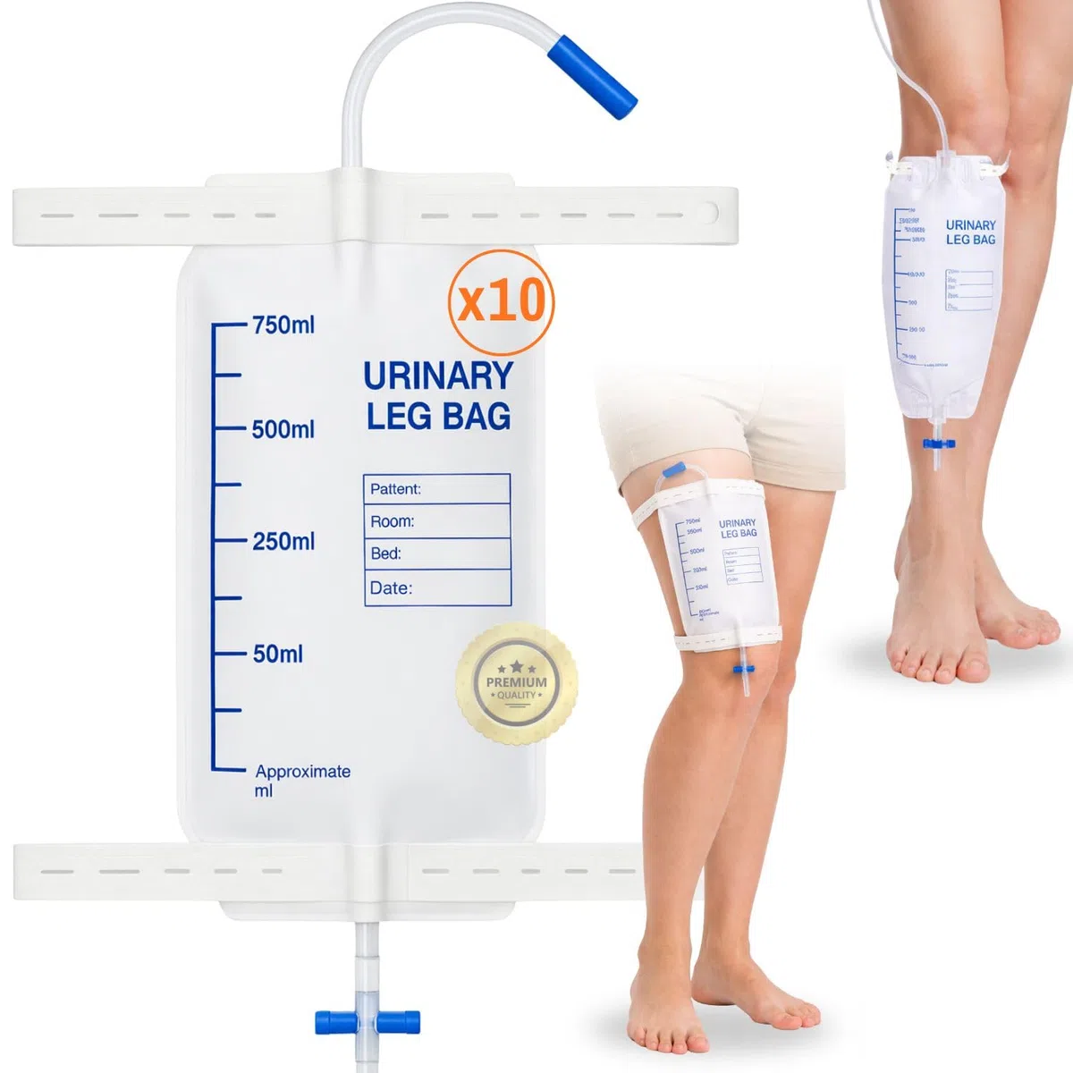 OrtoPrime Bolsas de Orina Pierna PACK X10 UNIDADES bolsa Drenaje orina 750ML Colector Urinario ANTIGOTEO en T - bolsas orinal portátil - Sonda Urinaria ESTERILIZADAS Bolsa de Pierna Urinaria
