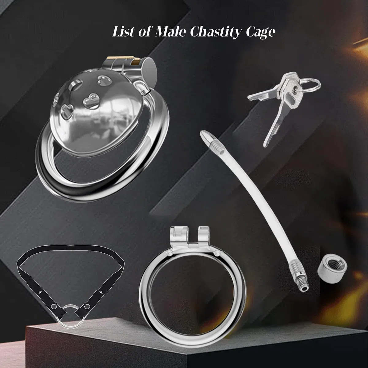Jaula de castidad hombres de acero inoxidable con ventilación del corazón tubo de silicona extraíble correa ajustable jaula de castidad hombres juguetes sexuales (40mm)