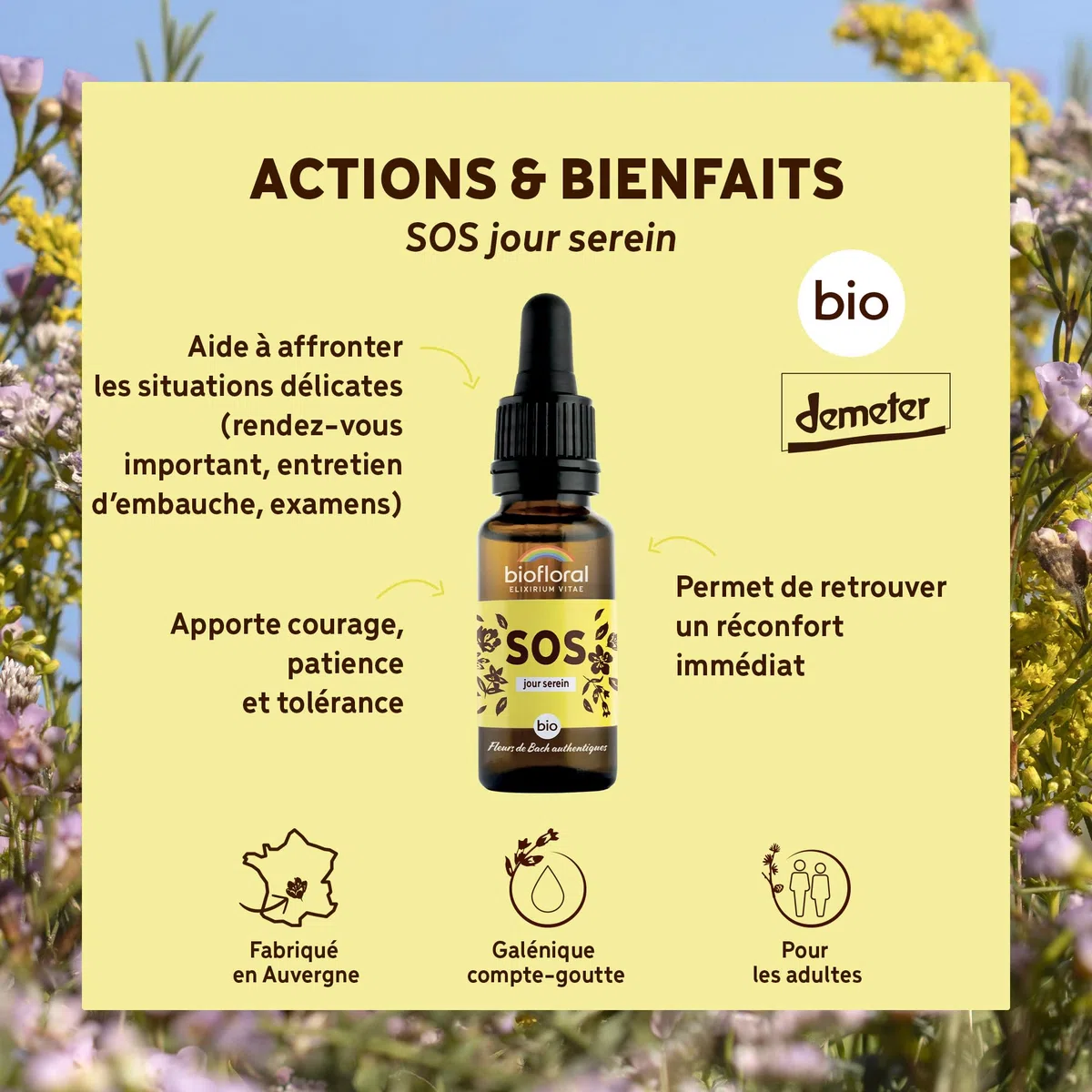BIOFLORAL - SOS de rescate diurno sereno orgánico DEMETER - Soporte emocional - Flores de Bach auténticas - Gotero 20 ml