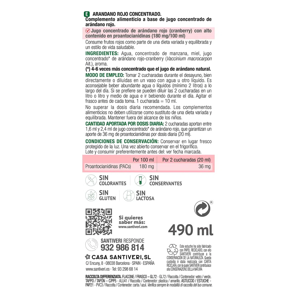 SANTIVERI - Concentrado de Arándano Rojo con Alto Contenido en Proantocianidinas 180mg/100ml, Sin Azúcar - Frasco de 490 ml