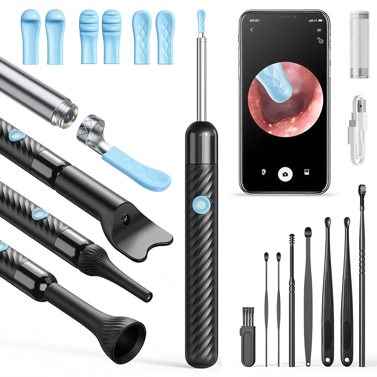 Otoscopio removedor de cerumen, cámara limpiadora de oídos Vankarr HD WiFi, espejo de oídos IP67 Waterproof endoscopio de oídos con lente de 3.5mm y 6 LEDs, para adultos, niños