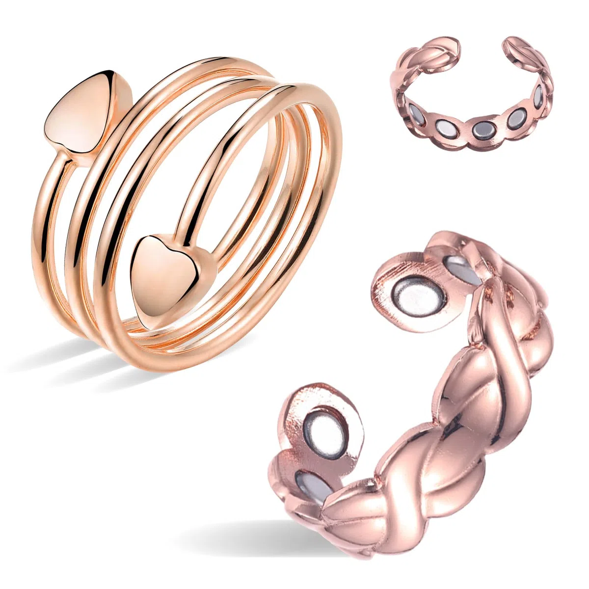 BioMag 2 anillos de cobre para drenaje linfático para mujer en diferentes diseños, anillo magnético de cobre puro con imán ultra fuerte 10X, joyería ajustable en caja de regalo