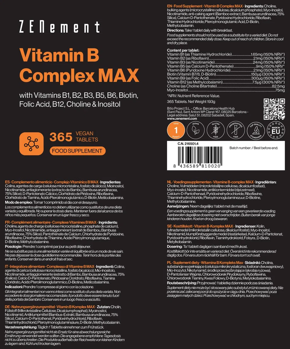 Vitamina B Complex con Colina e Inositol - 365 Comprimidos | Vitaminas 1 Año - Complejo B con Vitaminas B1, B2, B3, B5, B6, B8, B9, B12 y Ácido Fólico | Apto para Veganos