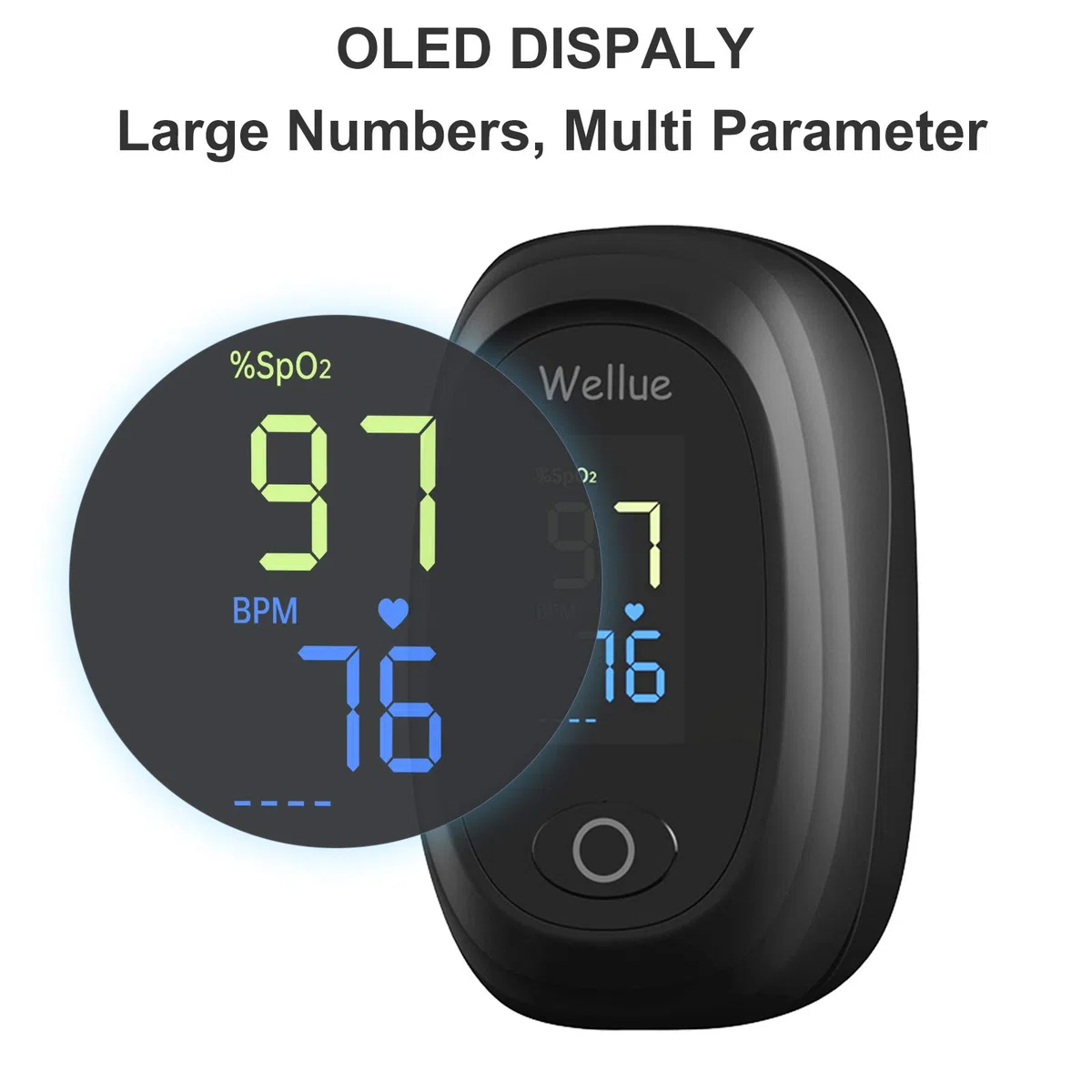 Wellue Oxímetro de Pulso, Pulsioxímetro de Dedo Oxímetro, Nivel de Oxígeno Portátil SpO2 PR Monitor de Ritmo Cardíaco, Pulsómetro Digital con Pantalla LED, Pilas Incluidas, Para Adultos Niños, Negro