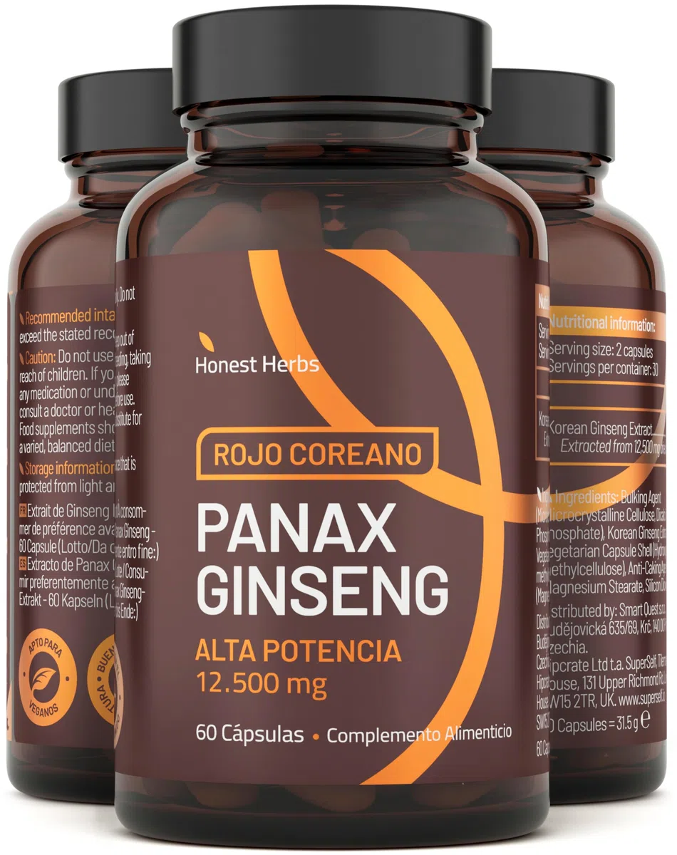 Ginseng Rojo Coreano 12,500 mg - Panax Ginseng con 20% de Ginsenósidos - Alta Concentración - 60 Cápsulas - Vegano