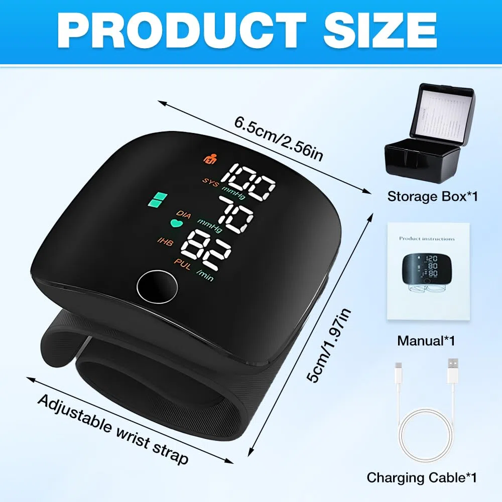Tensiometro de Muñeca, Monitor de Presión Arterial de Muñeca con Pantalla LCD, Carga USB Portátil, Brazalete Ajustable, Memoria 2 * 99 para Uso Doméstico y de Viaje