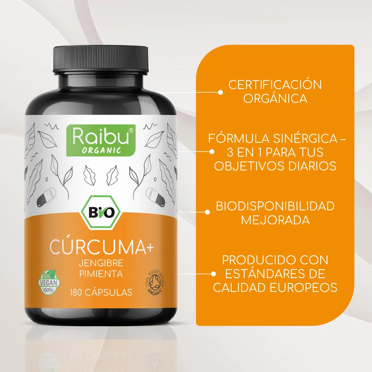 Cúrcuma con jengibre y pimienta negra Orgánica, 1500mg - Antiinflamatorio Natural - 180 Cápsulas de Curcuma, jengibre y pimienta negra - Certificación Ecológica, Probada en Laboratorio