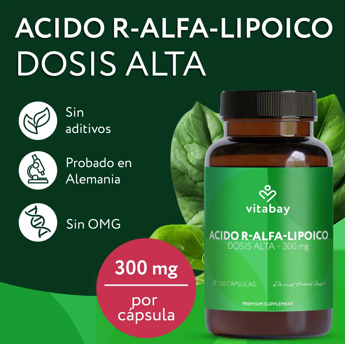 Vitabay Ácido R-Alfa Lipoico 300 mg – 120 cápsulas veganas – Alpha Lipoic Acid alta dosificación – forma R natural sin S-ALA – bioactiva y analizada en laboratorio en Alemania – suministro 4 meses