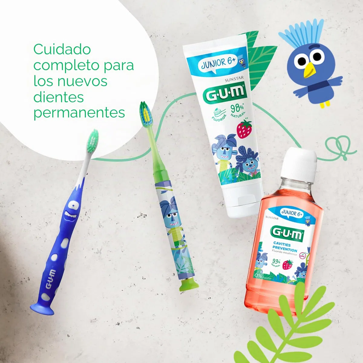 GUM Cepillo de dientes junior para niños de 6 a 9 años, cabeza acolchada, cerdas suaves, mango de agarre antideslizante, ventosa, 1 pieza, 4 x 1 pieza (con 1 muestra adicional)