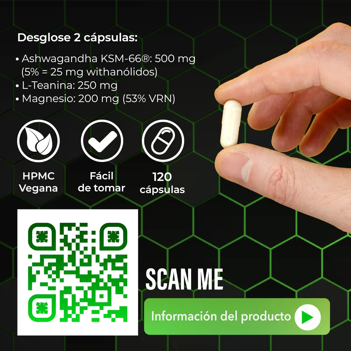 Ashwagandha KSM-66 con L-Teanina y Magnesio Bisglicinato | Fórmula Complex 3 en 1 para tu rutina de bienestar | Alta Pureza | 120 Cápsulas Veganas | Naturgizer+