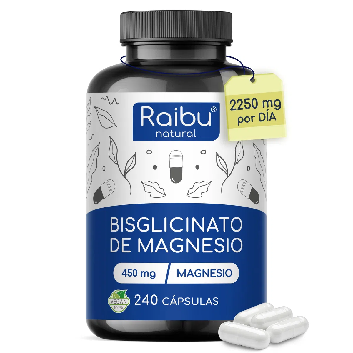Bisglicinato de Magnesio - 450 mg de magnesio (magnesium) elemental/dosis diaria - 240 Cápsulas, hasta 4 meses de suministro - inocuo para el estómago, vegano y de alta dosificación