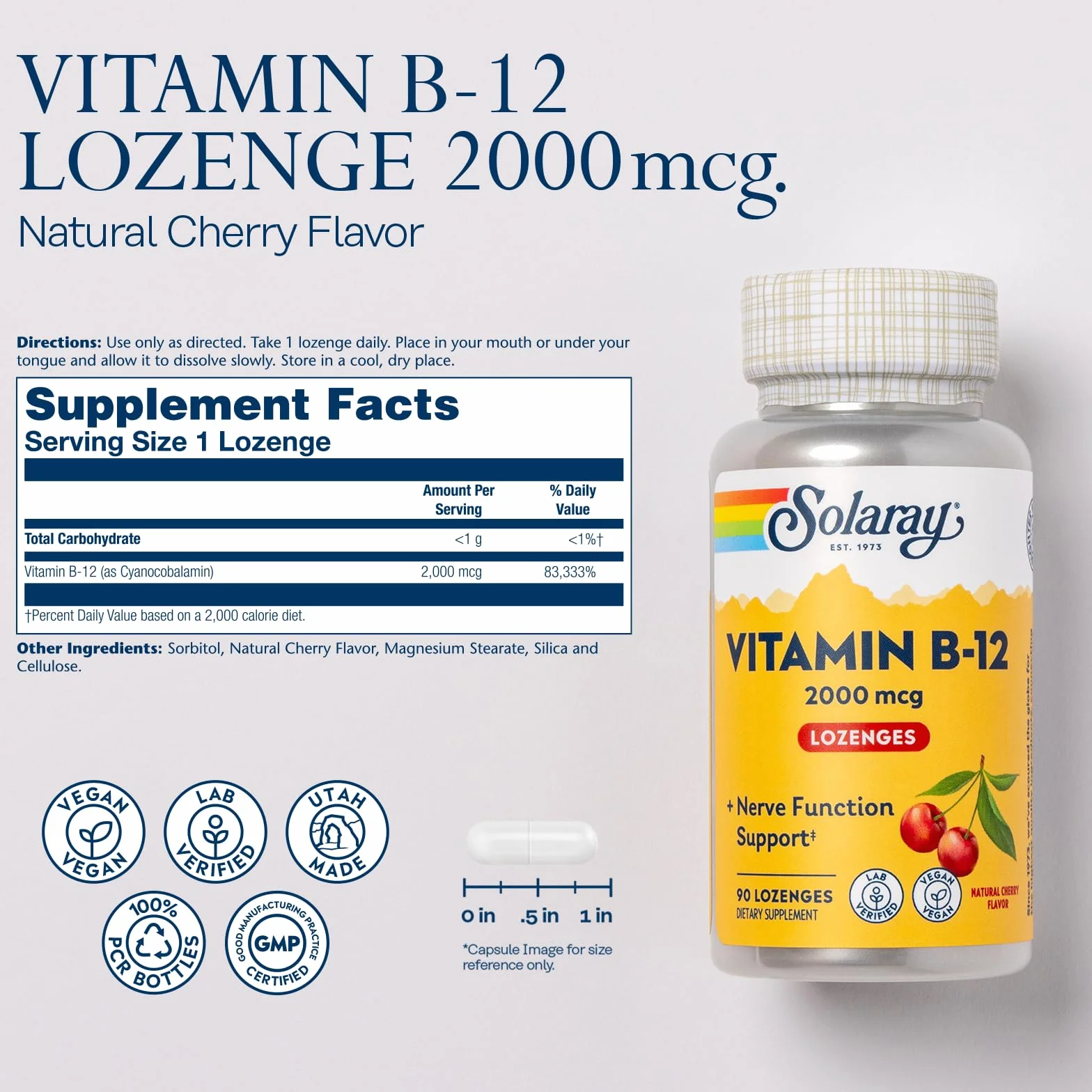 SOLARAY Vitamina B-12 2000mcg | Sabor a cereza natural sin azúcar | Energía saludable y soporte de glóbulos rojos | Sin Gluten | Apto Para Veganos | 90 Lozenges