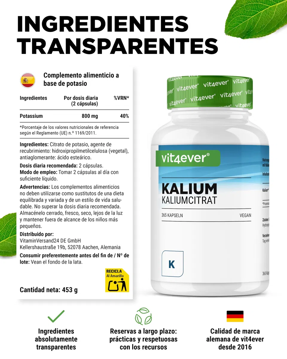 vit4ever Potasio - 365 Cápsulas con 800 mg de Potasio elemental (de Citrato de Potasio) por Dosis diaria - Alta Dosificación - Vegano
