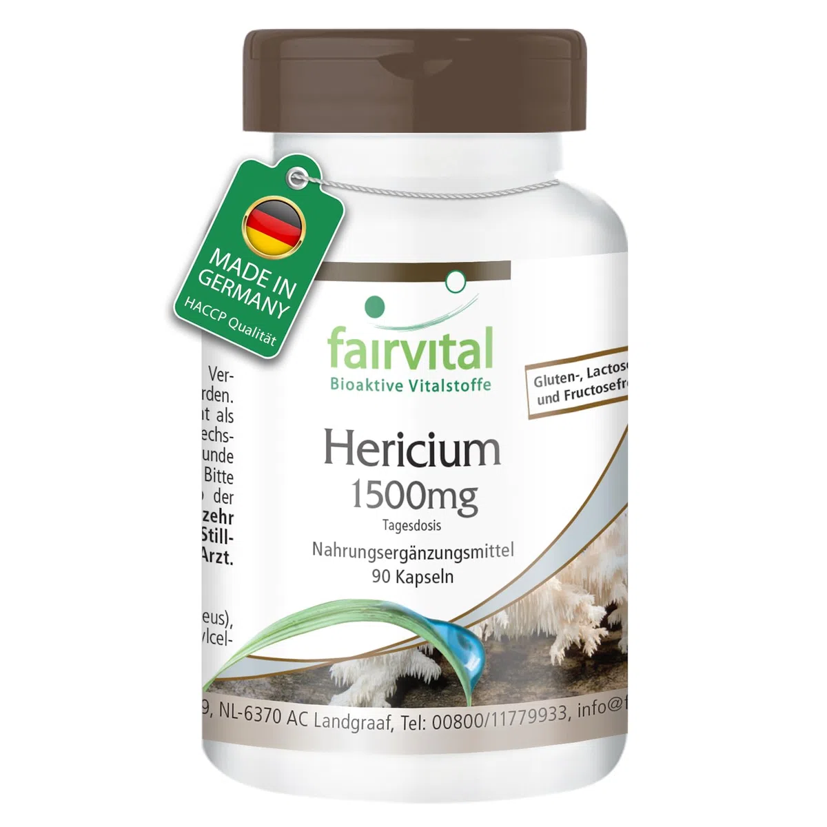fairvital Hericium 1500mg, 90 cápsulas, fáciles de tragar, 1500mg de Hericium al día, ALTA DOSIS, Hericium erinaceus, VEGANO