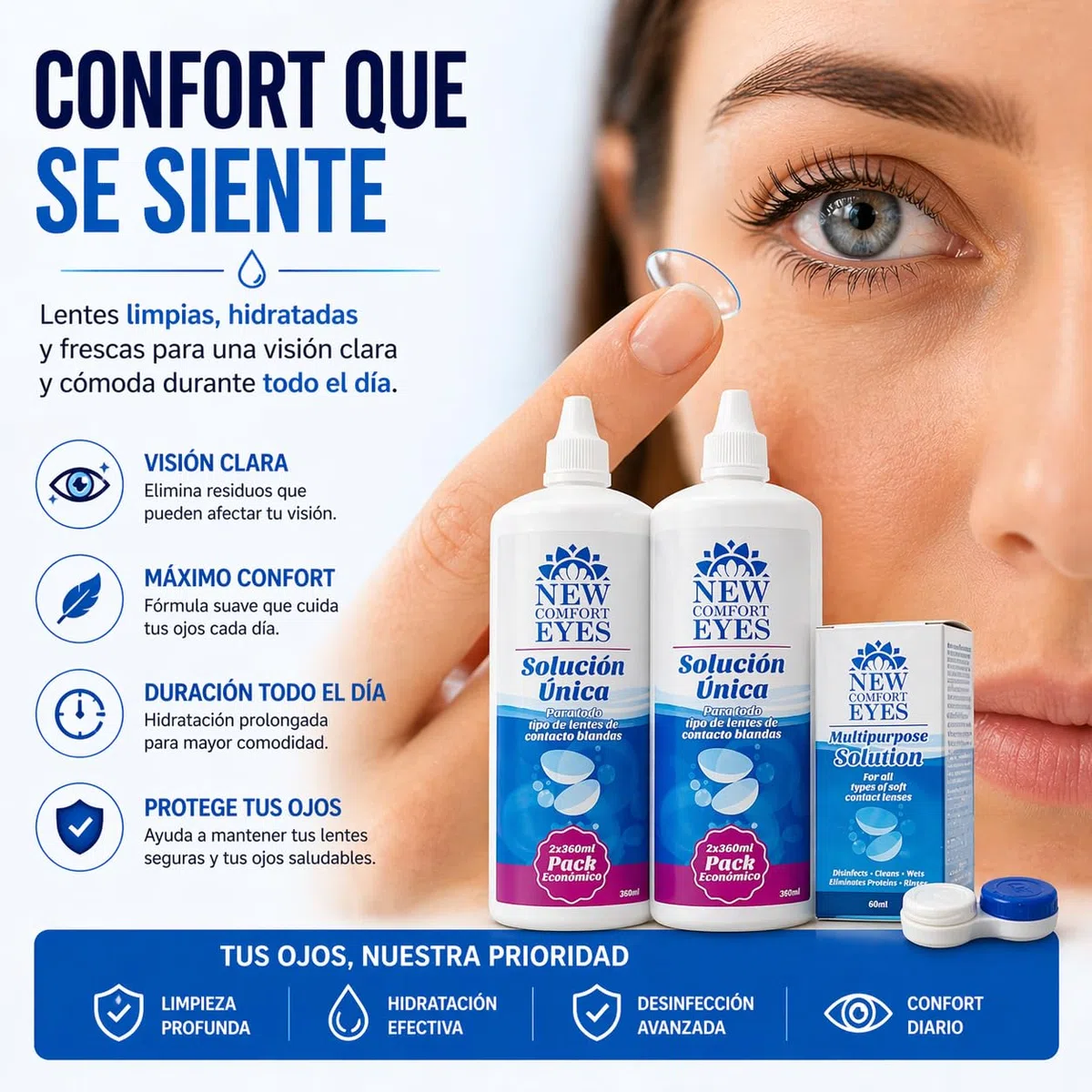 EYES Solución Única para Lentes de Contacto – Pack Ahorro 2+1 (2x360ml + 1x60ml) – Limpia, Desinfecta e Hidrata – Con Portalentillas – Para Todo Tipo de Lentes