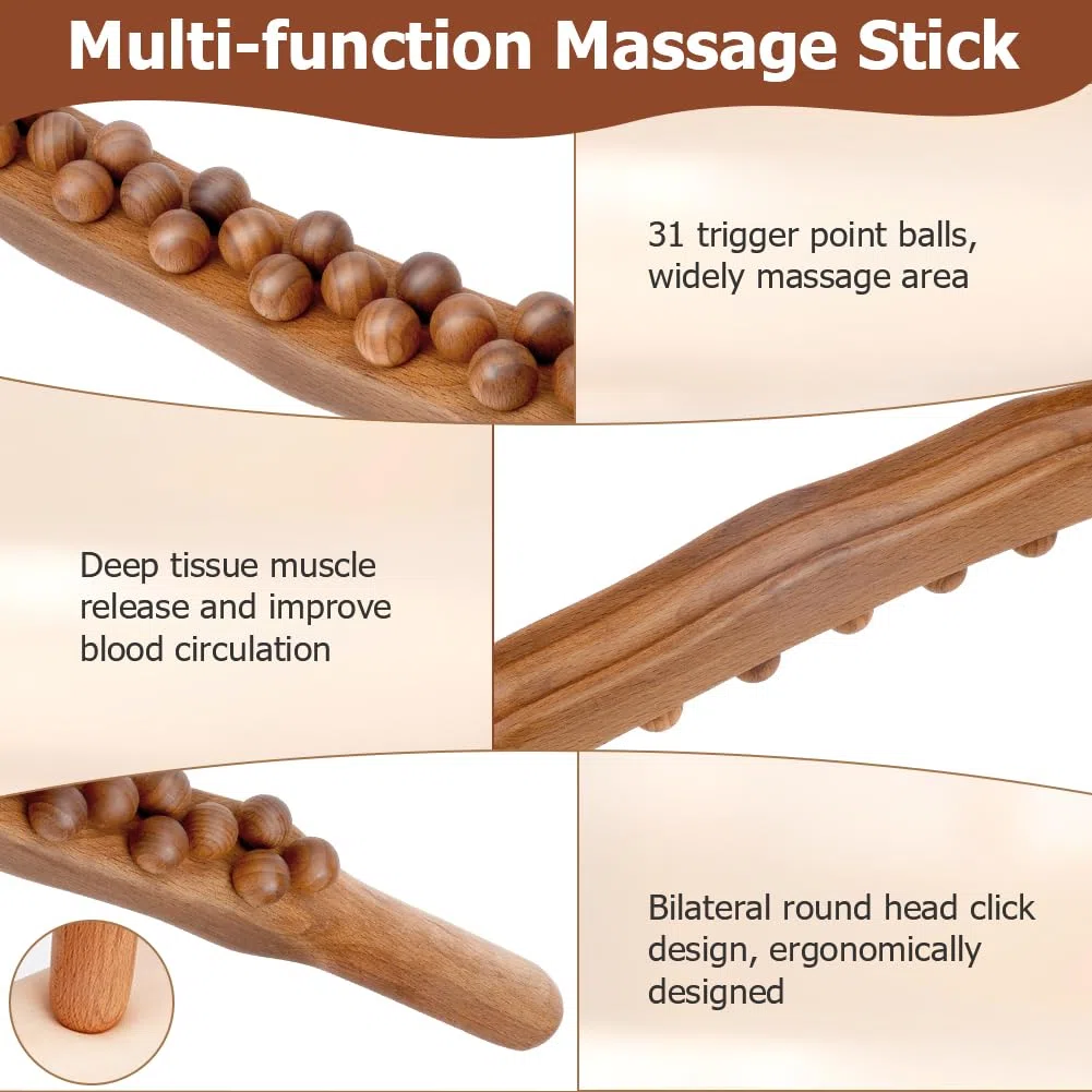 Anti Celulitis Masajeador Rodillo Anticelulítico, 31Cuentas Rodillo Masaje Muscular, Masaje Maderoterapia Madera, Rodillo Masajeador Curvado para Todo Cuerpo para del Dolor Muscular y Relajación