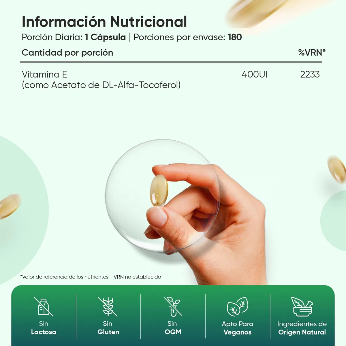 Vitamina E 400UI, 180 Cápsulas Veganas para 6 Meses - Acetato de DL-α-Tocoferol, La Vitamina E Contribuye a Proteger las Células del Estrés Oxidativo, Sin OGM