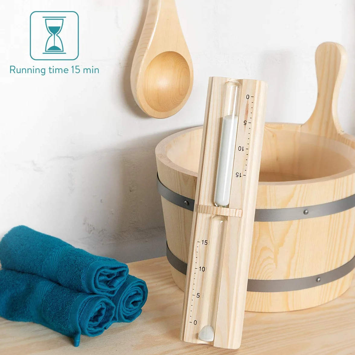 Navaris Reloj de arena para pared - Clásico reloj de arena para sauna - De madera de pino arena y cristal resistente al calor - 29.5 x 7.5 x 4CM