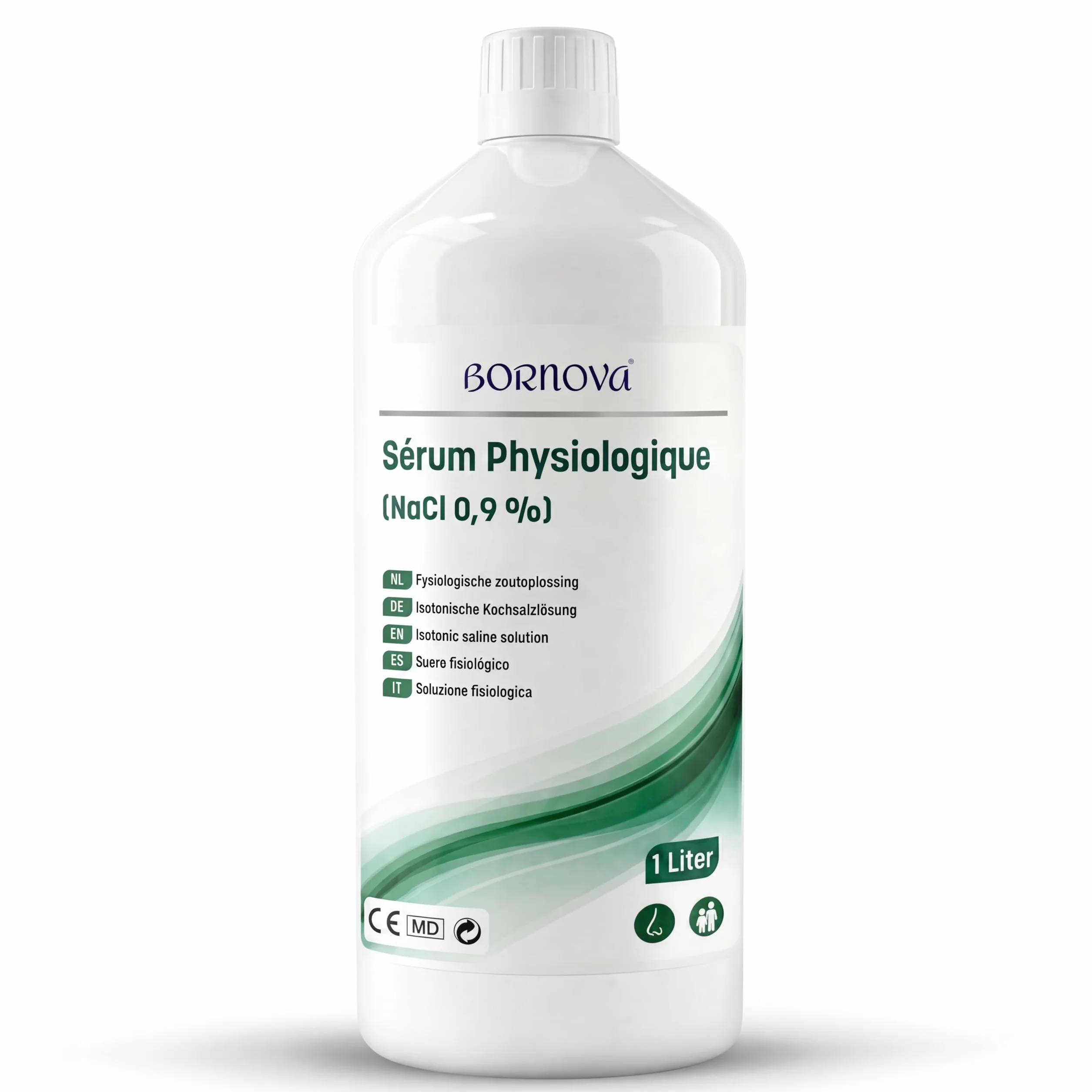 BORNOVA - Solución salina 1L – Solución salina isotónica NaCl 0,9% para lavado nasal y nebulización nasal – Adecuada para adultos y niños – Aplicación en aerosol - 1 botella