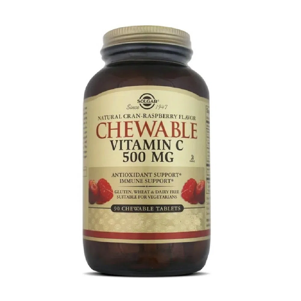 Solgar Vitamina C Masticable 500 mg, Sabor Natural de Frambuesa - 90 Tabletas