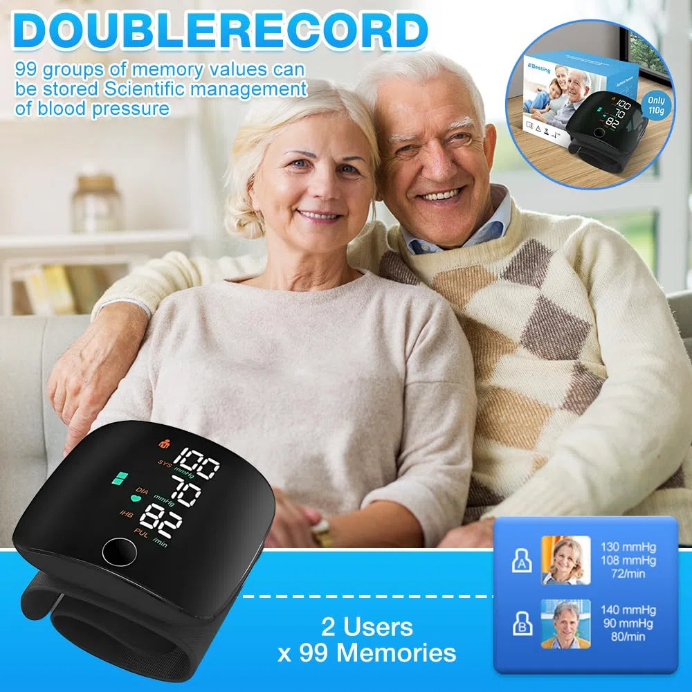Tensiometro de Muñeca, Monitor de Presión Arterial de Muñeca con Pantalla LCD, Carga USB Portátil, Brazalete Ajustable, Memoria 2 * 99 para Uso Doméstico y de Viaje