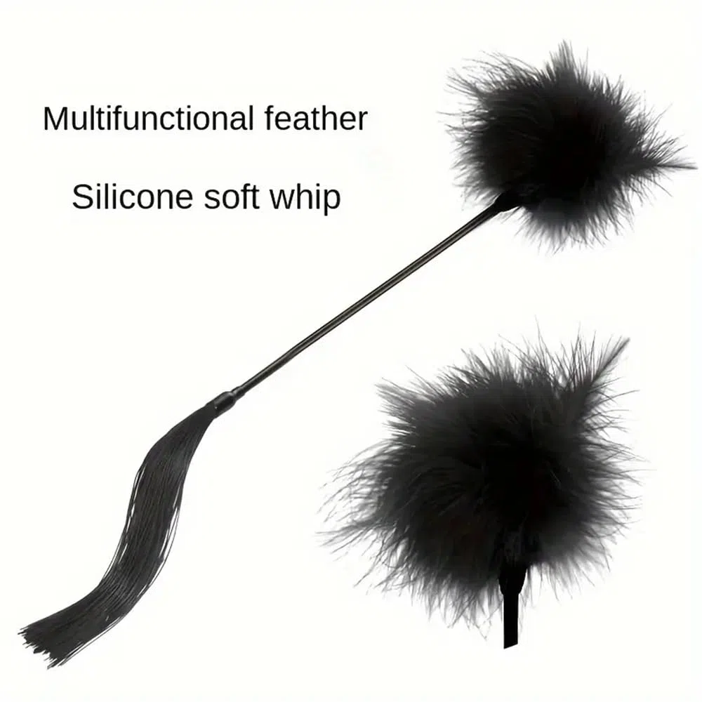 1 látigo de silicona con pluma de cuero negro, accesorio de juegos de rol