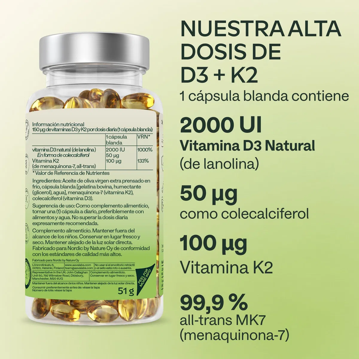 Vitamina D3 y K2 con Aceite de Oliva Virgen Extra para una Absorción Óptima (2.000 UI Vitamina D + 100 μg Vitamina K2 MK7) – 180 Cápsulas Concentradas de Vitamina D3 K2 sin OGM, Gluten o Lactosa