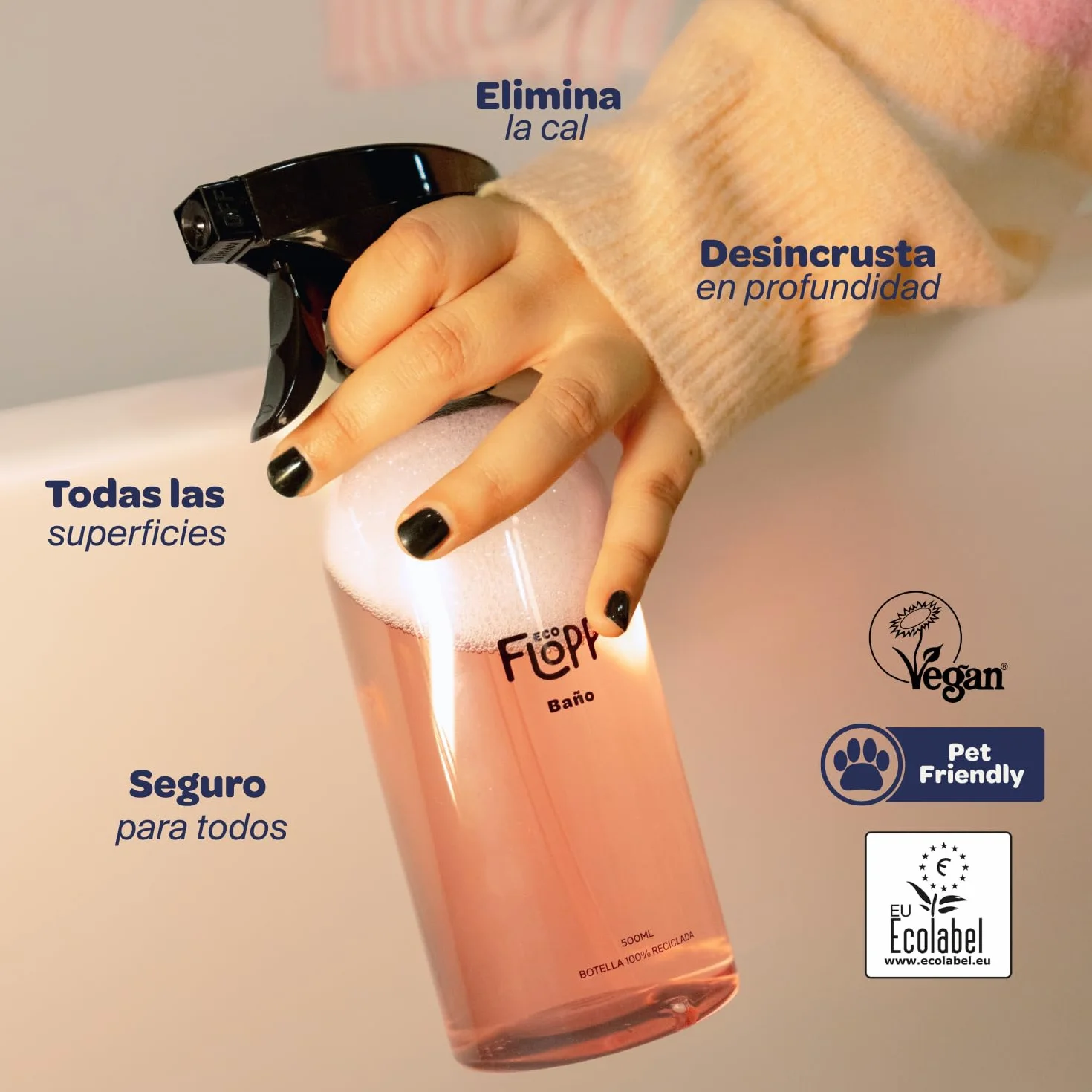 Flopp Limpiador de Baños Eco - Desincrustante - Eficaz contra la cal - Pack 6 Botellas de 500 ml (3L) - Formato ultraconcentrado - Ecolabel & Certificación Vegan - Multiusos