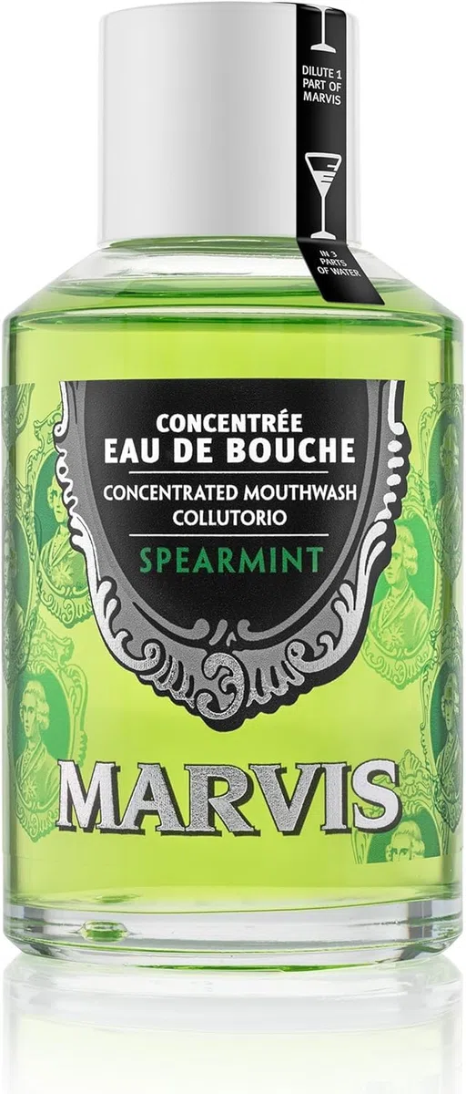 Marvis Enjuague bucal concentrado menta verde, 120 ml, colutorio sin alcohol para un aliento fresco, reduce la acumulación de placa y cuida las encías