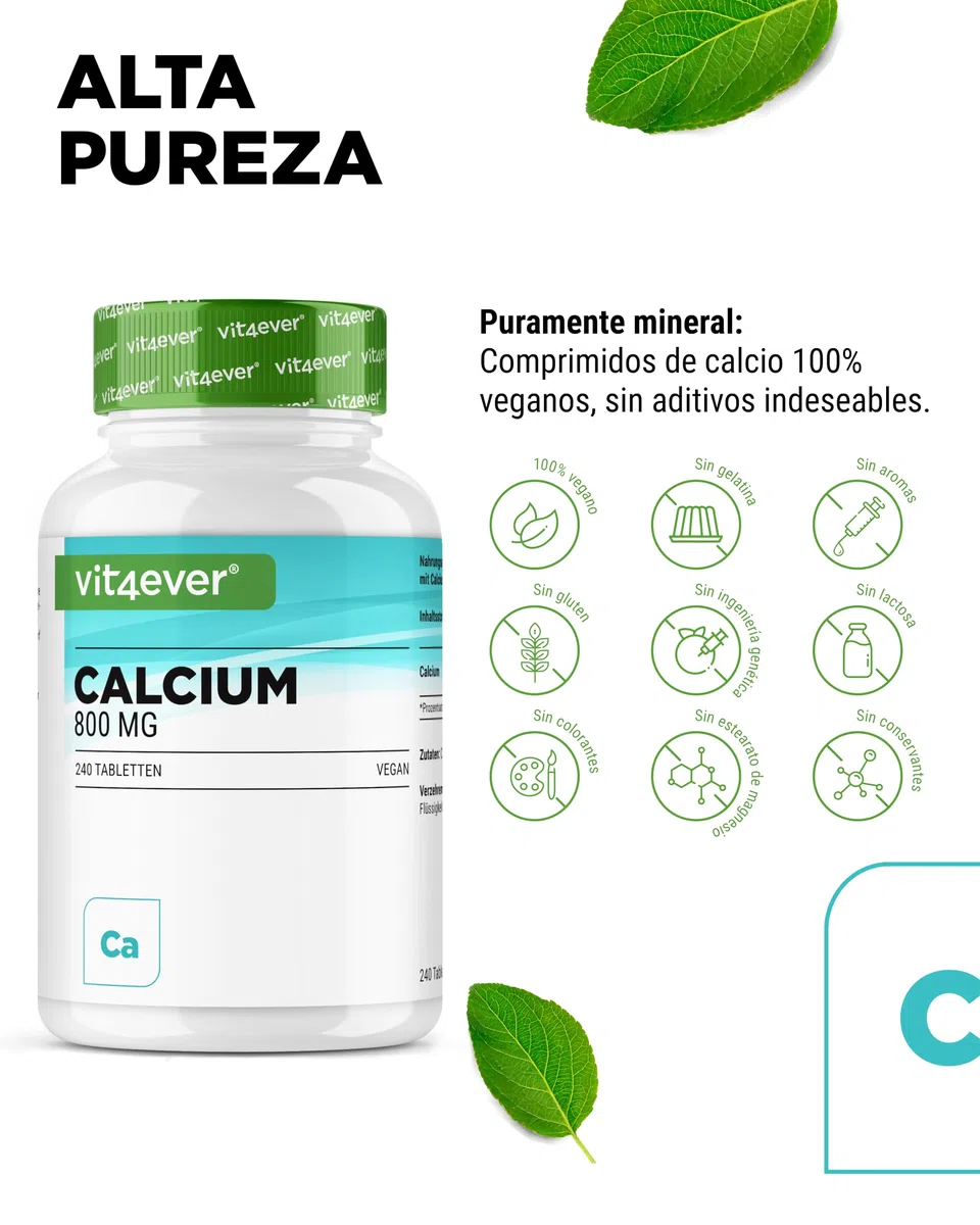 Calcio - 240 comprimidos - 800 mg de calcio procedente de carbonato cálcico por porción diaria - Para 4 meses - Vegano, de alta dosis y sin aditivos indeseables