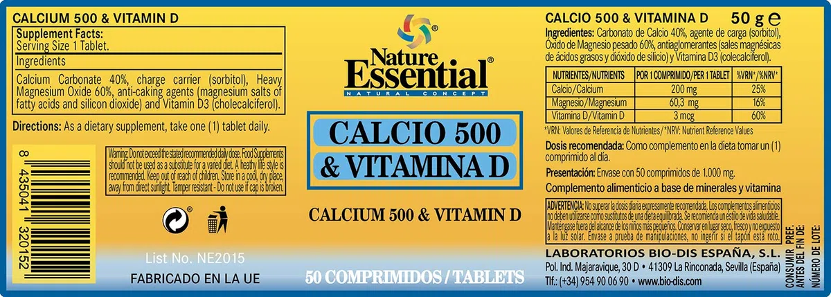 Nature Essential - Calcio 500 y Vitamina D Pack de 3 Unidades - 50 Cápsulas - El Calcio Favorece la Salud de los Huesos - Ayuda a la Función Cognitiva