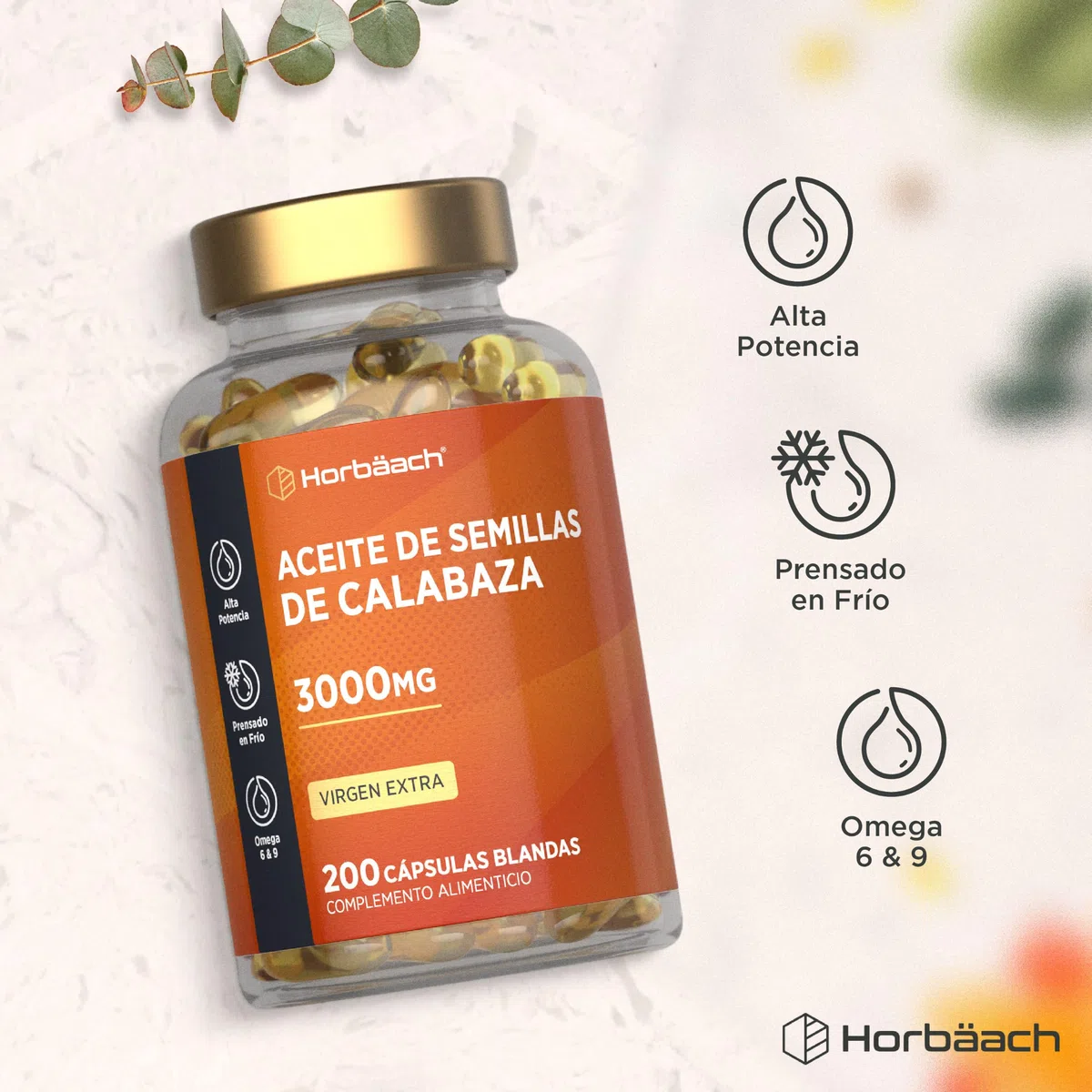 Aceite de Semillas de Calabaza 3000mg | 1350mg Omega 6 y 450mg Omega 9 | 200 Cápsulas | Máxima Potencia | Prensado en Frío y Extra Virgen | Pumpkin Seed Oil | de Horbaach