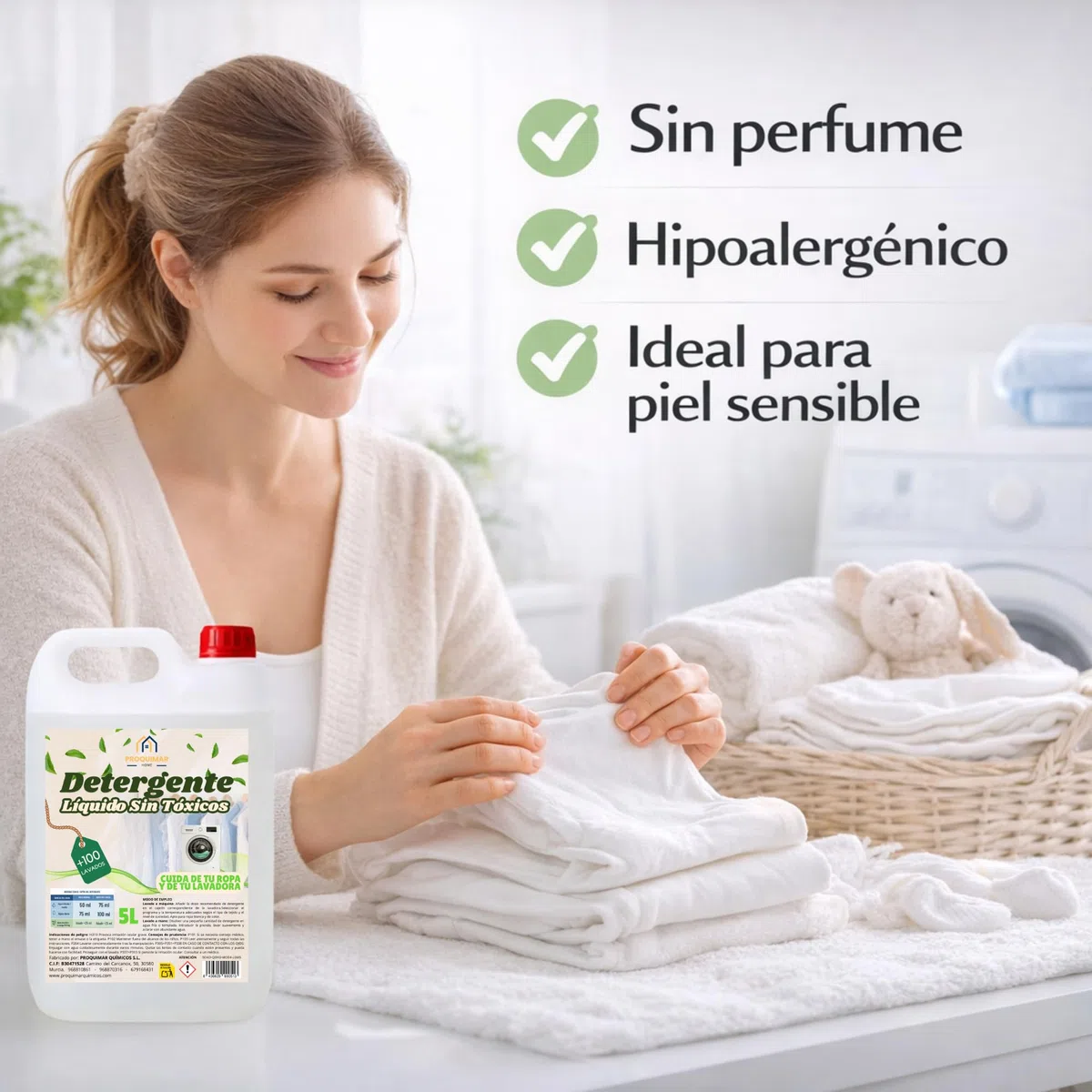 Detergente Líquido Hipoalergénico 5 Litros Sin Perfume – Más de 100 Lavados – Fórmula Suave para Piel Sensible y Bebé – Apto para Ropa Blanca y Color
