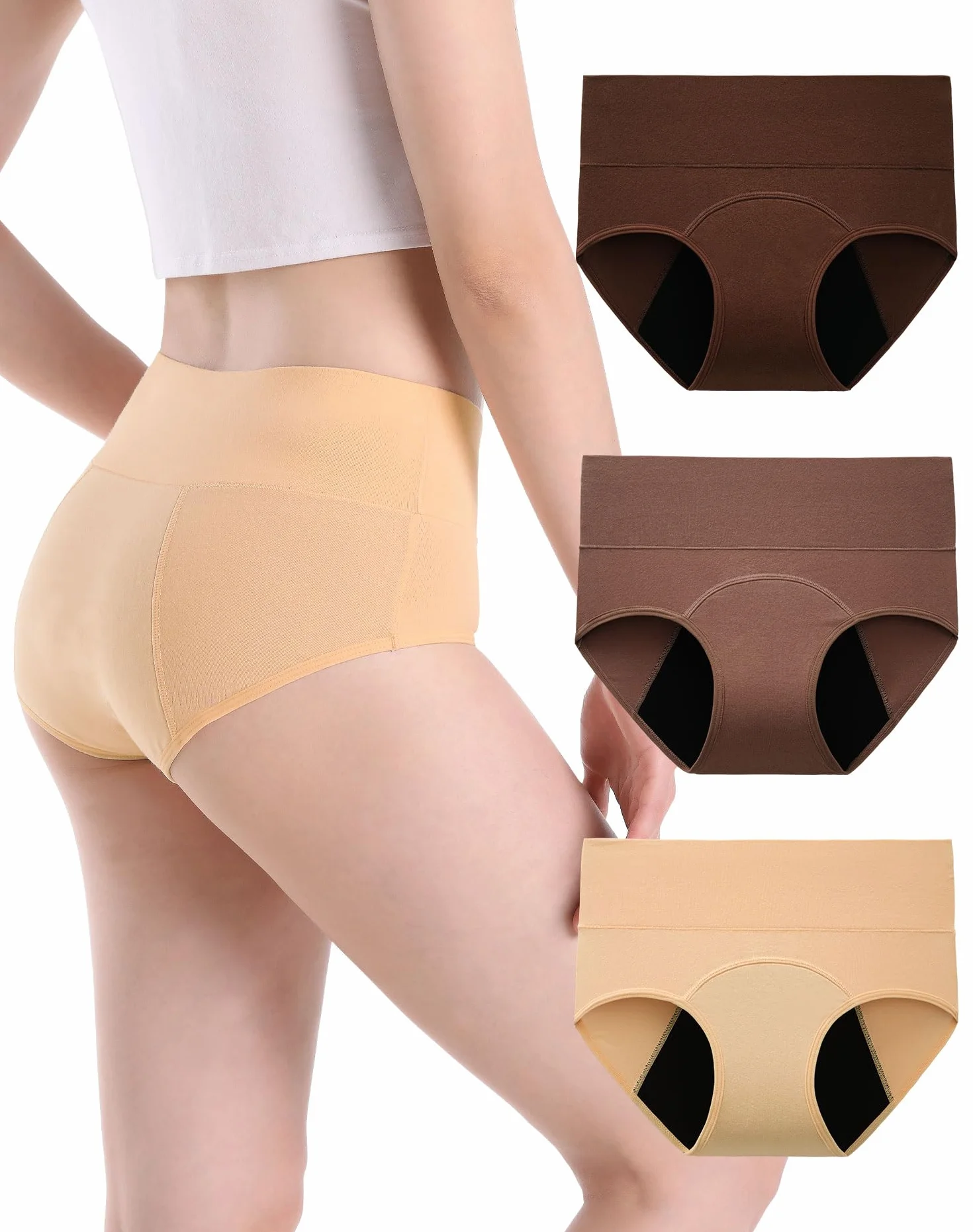 INNERSY Bragas Menstruales Mujer Cintura Alta Braga Menstrual Algodón Ropa Interior Protección Pack de 3