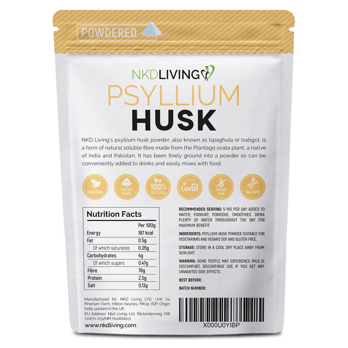 Psyllium Husk Powder de NKD Living (500g) | Probado para metales pesados, microorganismos y más de 500 pesticidas