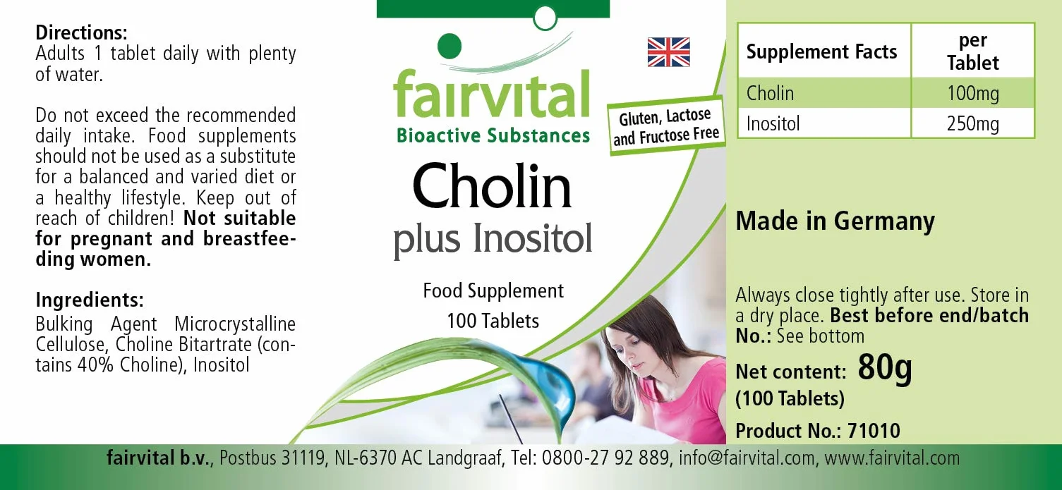 fairvital Bitartrato de colina más inositol, 100 comprimidos, ALTA DOSIS, VEGANO