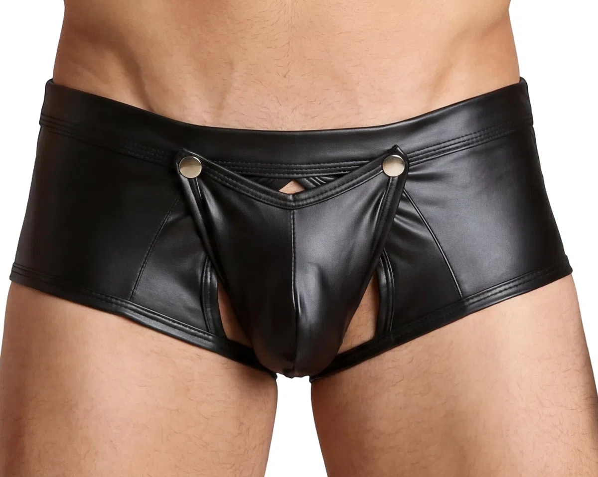 Pantalones cortos de látex similares con cremallera en la parte delantera, aspecto mojado, pantalones cortos con cremallera