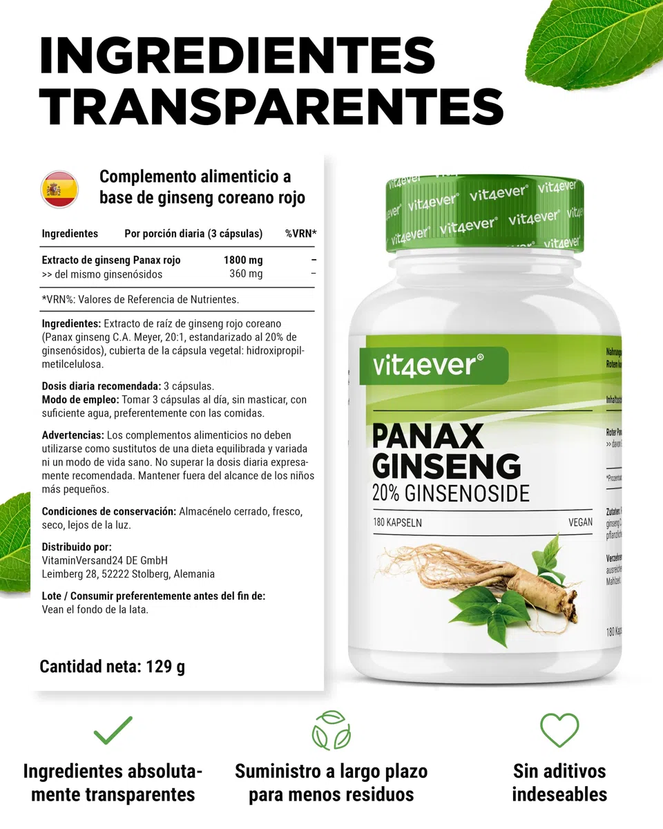 Ginseng rojo Panax 180 cápsulas - 1800 mg por dosis diaria - 20% de ginsenósidos - Extracto de raíz de ginseng rojo coreano 20:1 - Alta dosis - Vegano