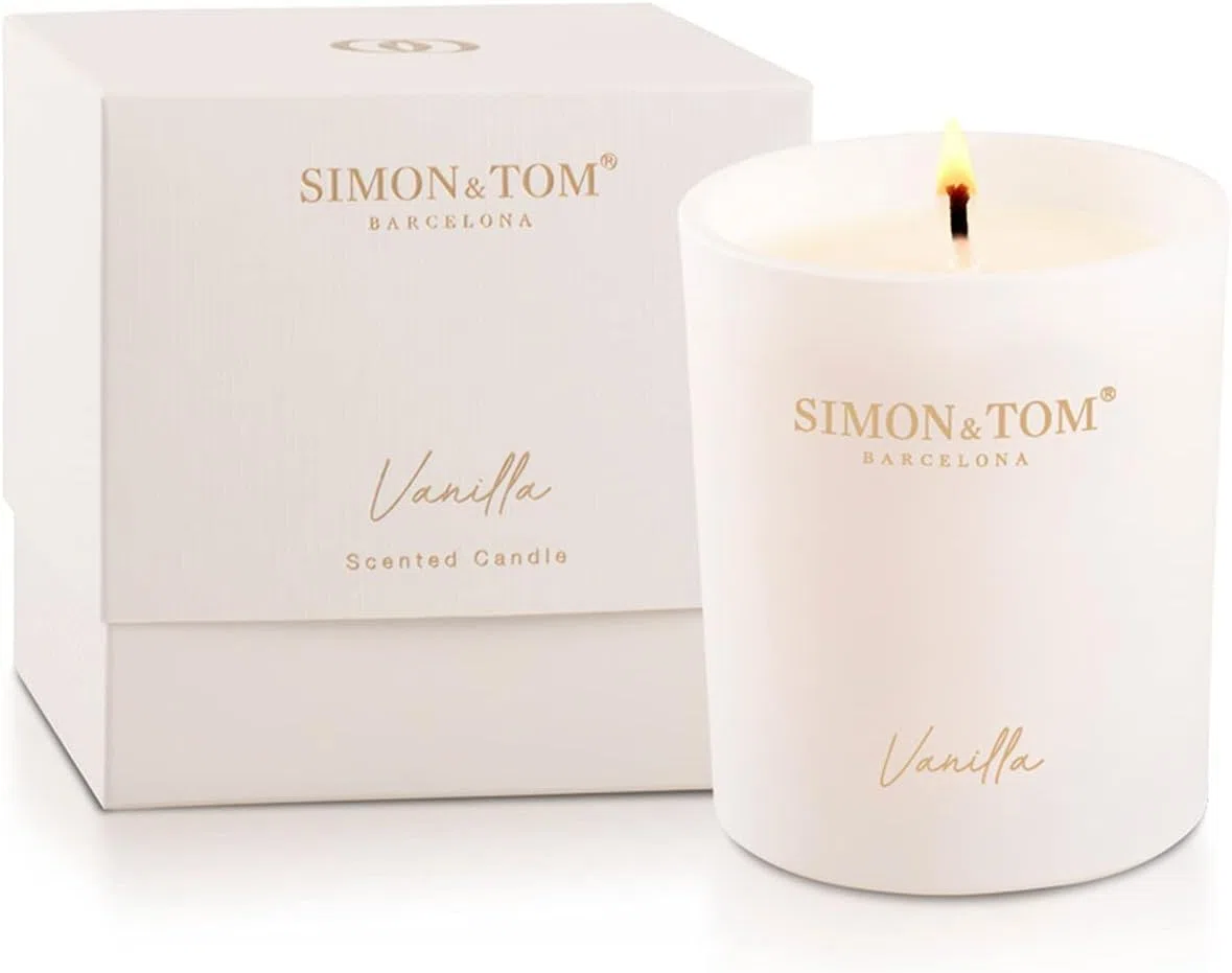 Simon&Tom Velas Aromáticas para Regalo, Fragancia a Vainilla, Cera de Soja Natural, Larga Duración, 100 Horas de Autonomía, Vela perfumada y decorativa en frasco de cerámica, Aromaterapia